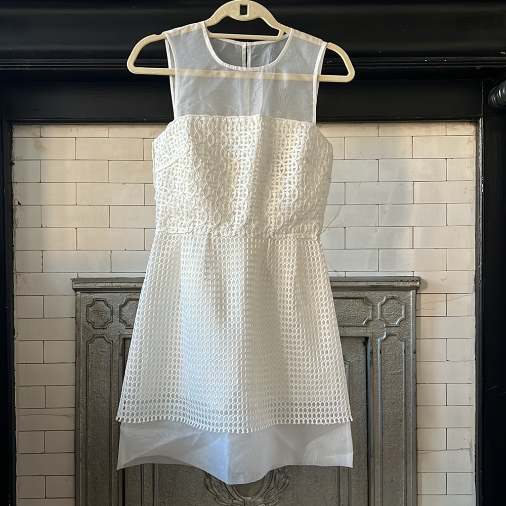 French Connection Women's White Lace Sheer Sleeveless Sheath Dress Size 8